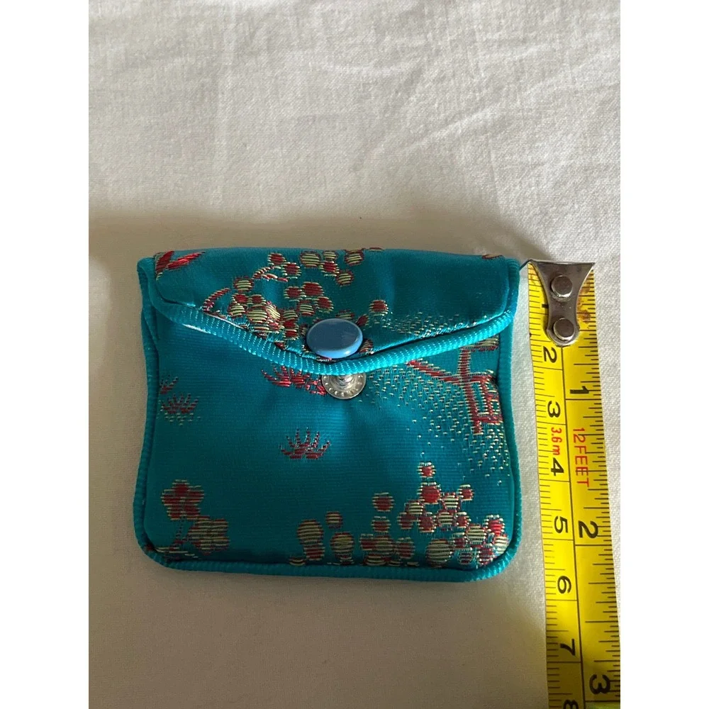 Vintage Floral Brocade Jewelry Roll Travel Organizer Green Navy Blue Satin 3 Zip